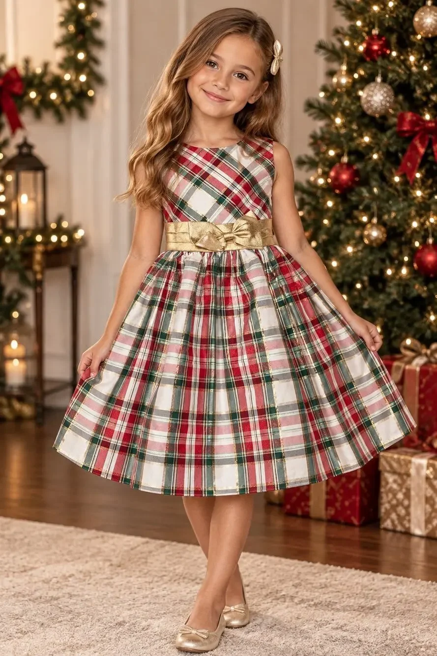 NWT Bonnie Jean Girls Size 8 Christmas Metallic Plaid Holiday Dress Gold Bow